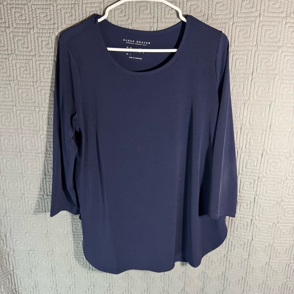 Susan Graver Blouse Womens Size Medium Navy Blue Long Sleeve